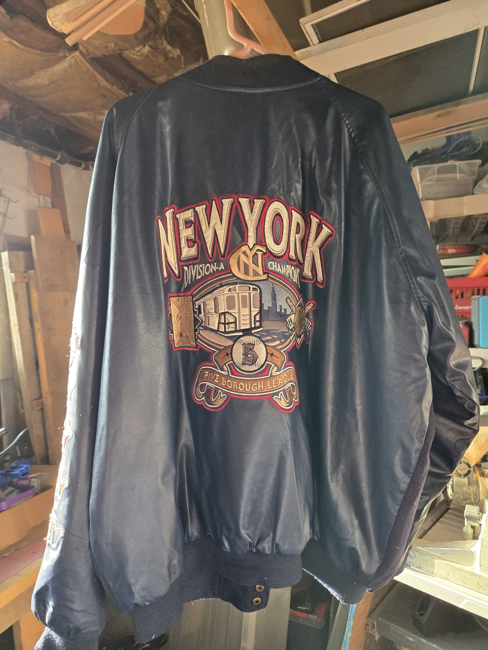 Steve & Barry's Navy Leather New York Division A Embroidered Bomber Jacket
